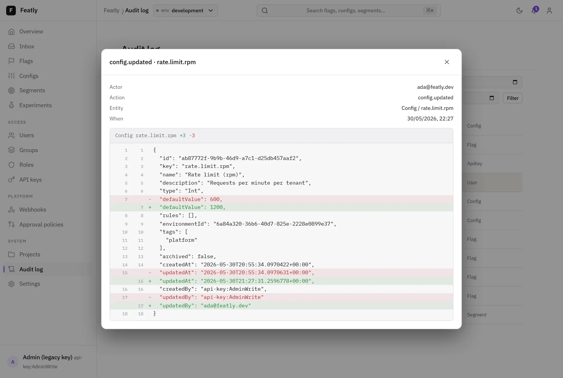 An audit-log entry showing a before/after diff