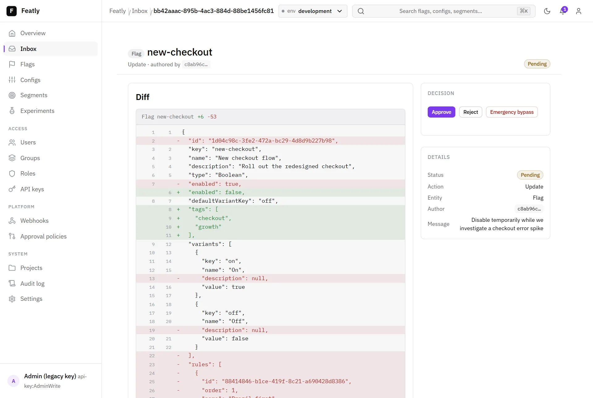 A change review with a line-level diff