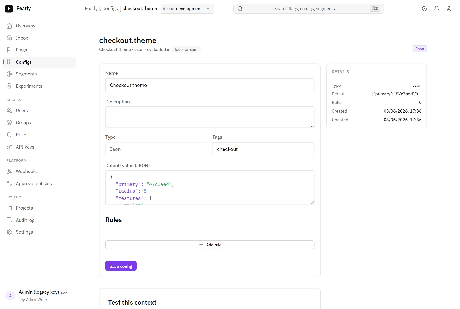 The config detail view with the syntax-highlighted JSON editor
