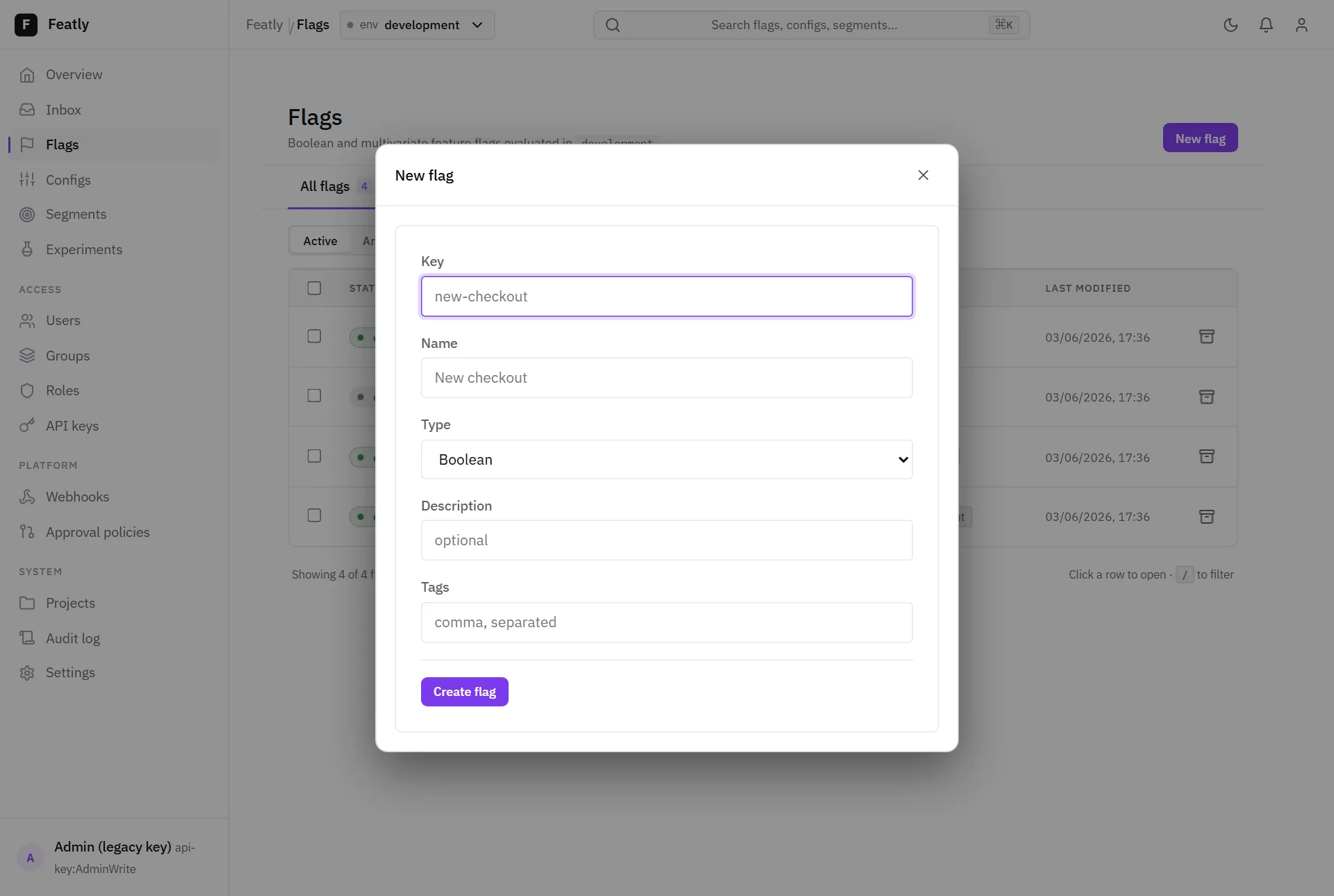 The new-flag create modal