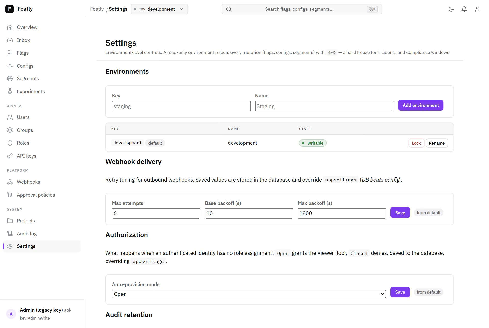 The settings screen with database-overridable sections